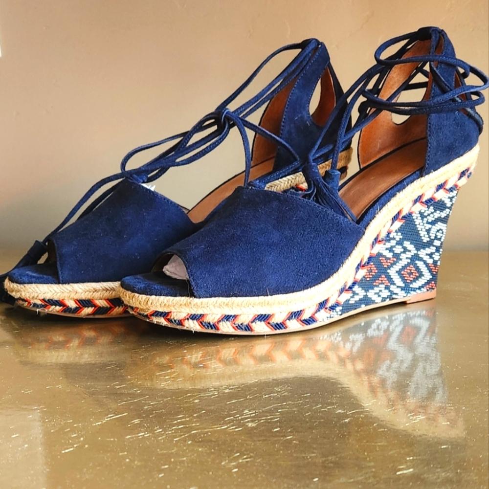CAbi Isla Espadrille wedge shoes with Aztec details. Blue suede. Size 8.